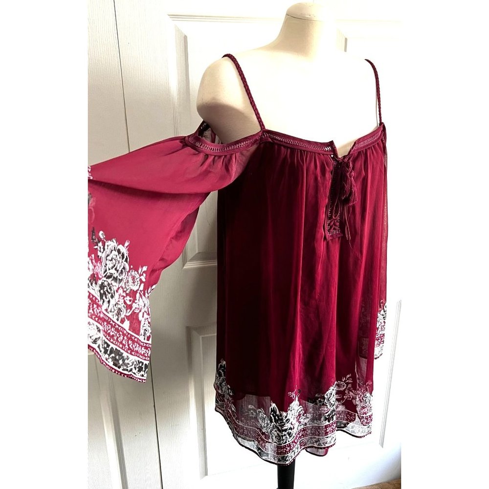 Shyanne Cold Shoulder Peasant Dress Sz M Womens Burgundy Bell Sleeve
